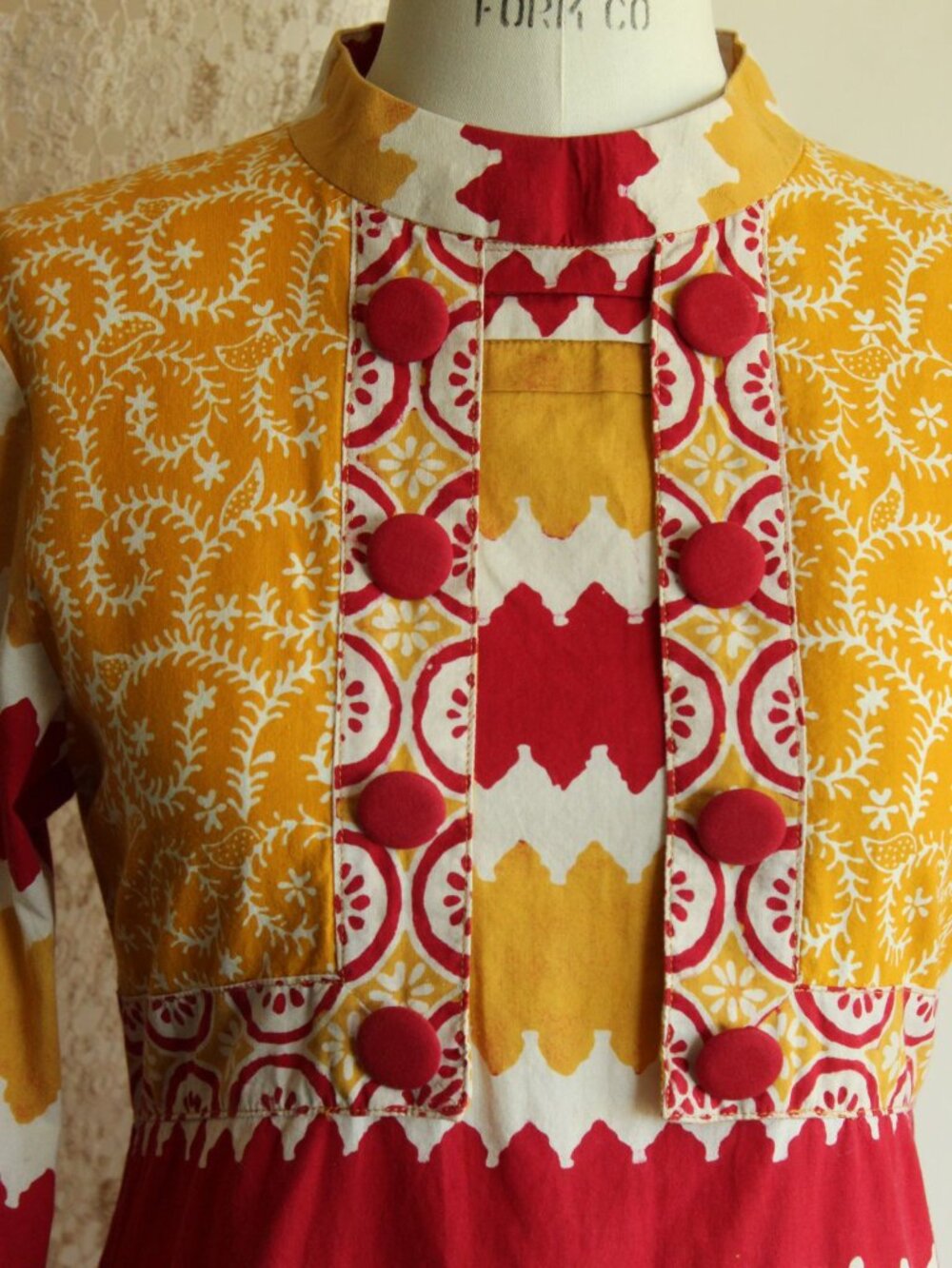 Vintage 1990s Y2K Maxi Dress, Red and Yellow Cotton 1960s Inspired Boho Full Len - Picture 5 of 14